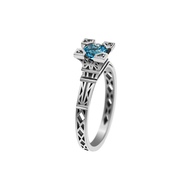 French Kiss ring in gold with 5 mm blue topaz and diamonds