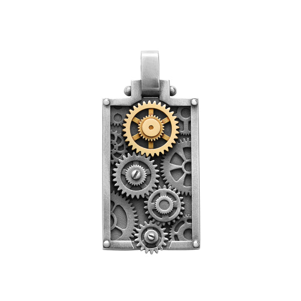 Pendentif Engrenages Rectangle en argent et or jaune