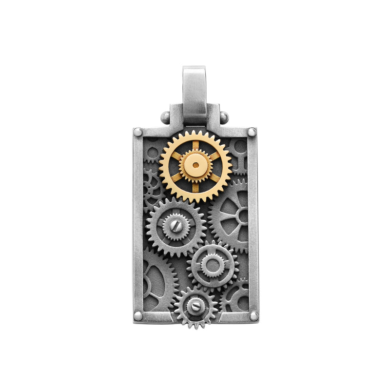 Engrenages Rectangle pendant in silver and yellow gold