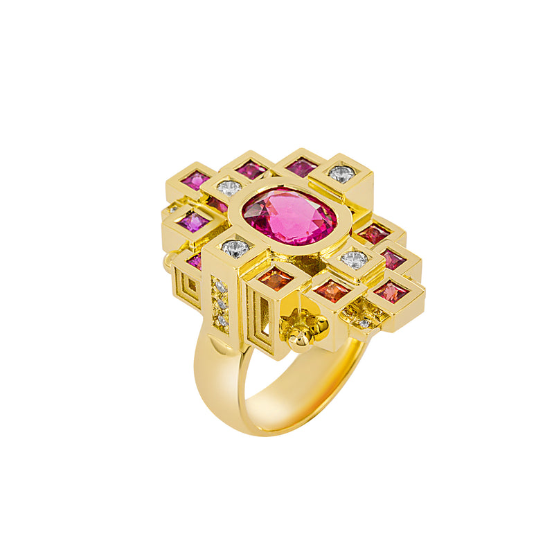 Sapphire, rubelite and diamond ring in yellow gold