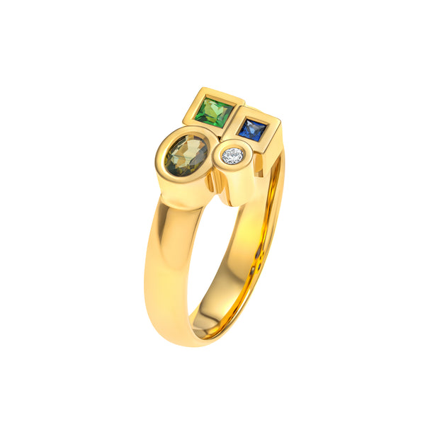 Marélie extra small green ring in gold, diamonds, sapphires and tsavorite